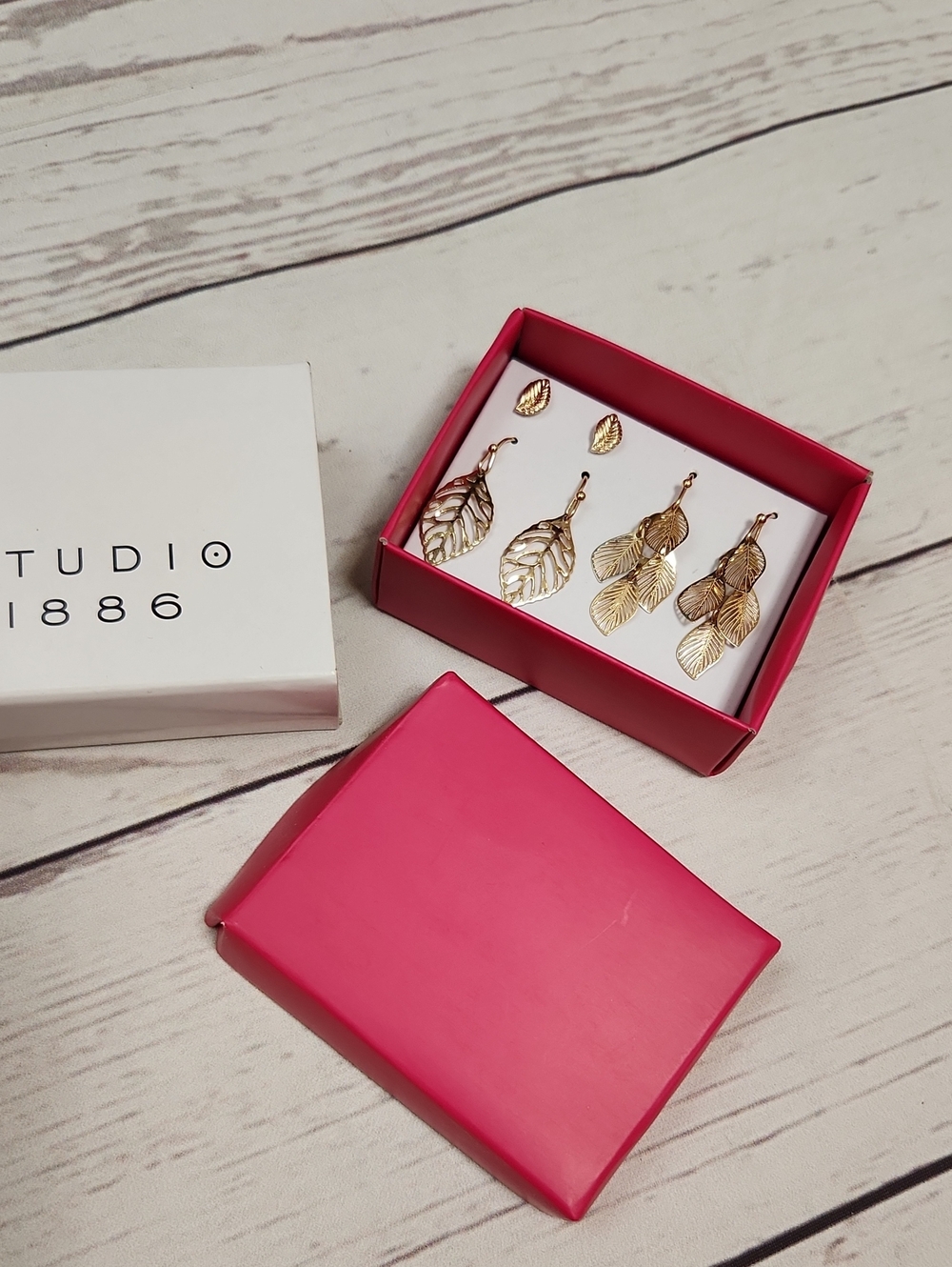 Studio Gold Leaf Earring Set with Hot Pink Gift Box